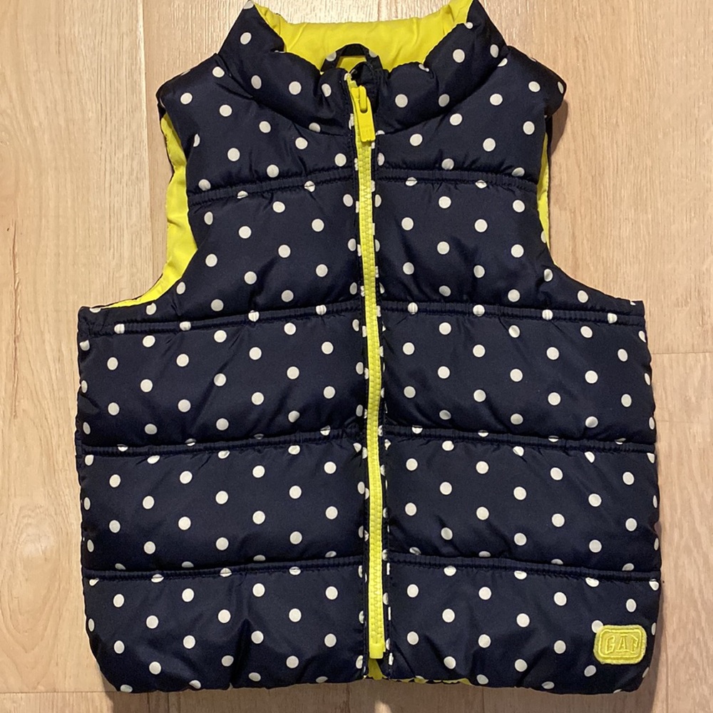 Baby Gap, blue and white polka dot puffer vest with yellow lining, size 3T